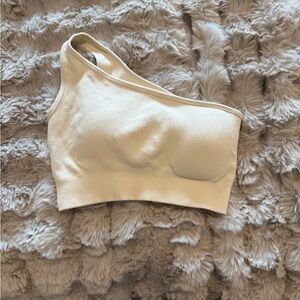 One-Shoulder Cream Ribbed Sport Bra